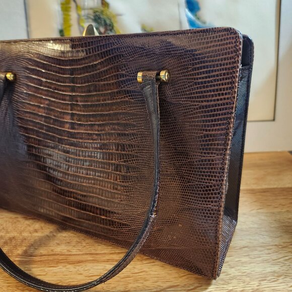 Reptile Leather '50s Bellestone Vintage Handbag Brown Alligator Crocodile - Picture 8 of 16